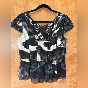 Leifsdottir 100% silk Handknit Black and White Blouse with Lace Accents